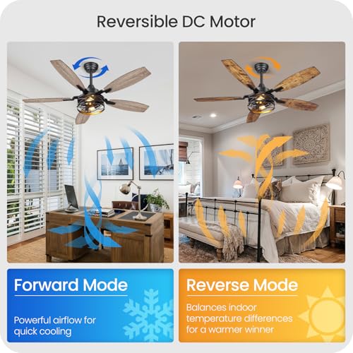 Image of 50 Inch Farmhouse Ceiling Fan with Lights and Remote, Timer, Dual Finish 5 Blades (Rustic Brown and Oak), 6 Speeds, Reversible DC Motor, Rustic & Industrial Caged Ceiling Fan for Bedroom FB04CF05