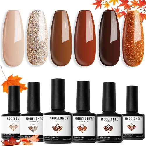 Modelones Esmaltes Semipermanentes para Uñas en Gel, 6 Colores Marrón Dorado Otoño Invierno Kit Pintauñas Semipermanentes Uñas de Gel UV LED en Gel Nail Polish Esmalte Uñas para Manicura