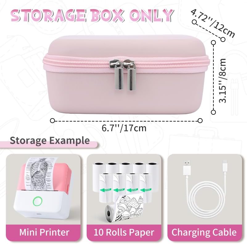 Diagram showing the dimensions of the storage box (6.7 by 4.72 by 3.15 inches) and its contents: mini printer, 10 rolls paper, and charging cable.