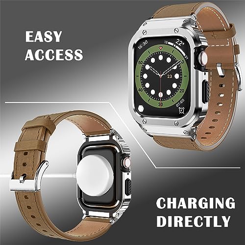 Suplink Metal Case with Leather Watch Strap Compatible Apple Watch Straps 45mm,Stainless Steel Rugged Protector Cover Bumper Genuine Leather Band for iWatch Series 8/7(Brown/Silver,45mm) - Image 3