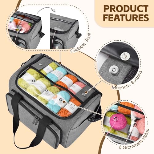Image of Knitting Bag, Large Capacity Yarn Storage Organizer Tote Bag with Compartments and Pockets for Knitting Needles, Crochet Hooks, Knitting Project and Accessories, Bag Only, Grey