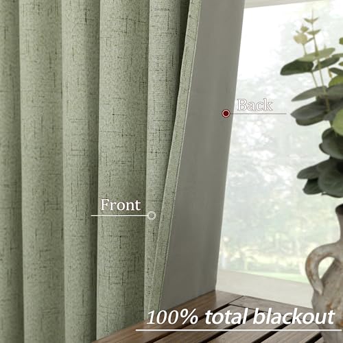 Image of Sage Green Linen Blackout Curtains for Bedroom 84 Inch Long Black Out Pleated Thermal Darkening Light Blocking Boho Farmhouse Cottage Core Soundproof Sound Proof Curtains for Office Window Living Room