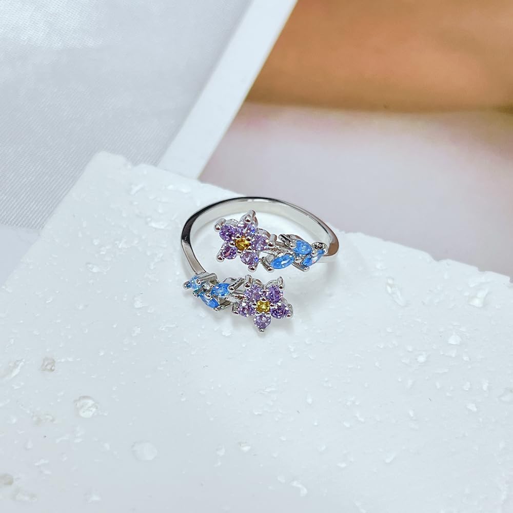 Delicate Purple Diamonds Flower Rings With Blue Cz Crystal Leaf Adjustable Open Charm Statement Promise Engagement Eternity Cubic Zircon Rings Wrap Middle Thumb Finger Gifts For Wedding Women - Image 6