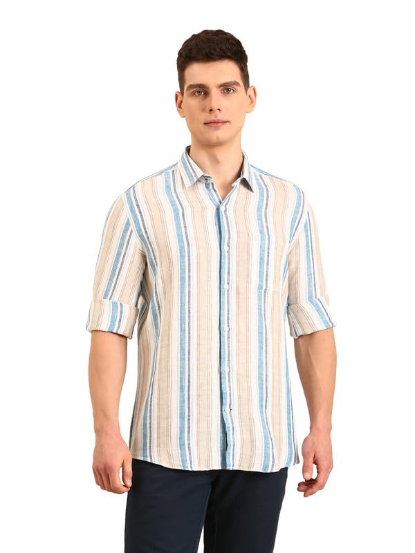 Image of Linen Club Men's Pure Linen Striped Contemporary Fit Full Sleeve Casual Shirt