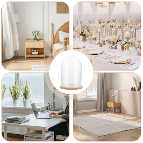 APACALI 1 Stück Glasglocke mit Holzboden, 30cm Dekorative Glashaube, Transparent Glasglocke, Glashaube Glasbox Glas, Glass Dome Cloche mit Boden für Lichter, Deko, Wohnaccessoire