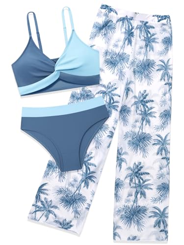 Image of Girls Swimsuit 3 Piece Bathing Suit Criss Cross Bikini Set Tropical Floral Swimwear with Mesh Cover Up Pants Size 9-16Y