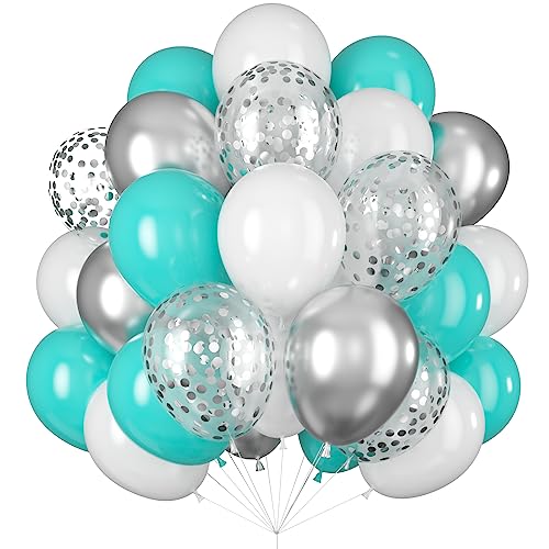 Image of Balloons Teal Blue White Silver 12inch Mettalic Chrome Silver Confetti Balloon Turquoise Blue Latex Balloons for Wedding Bridal Baby Shower Birthday Graduation Party Decorations
