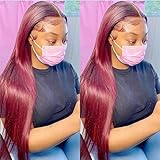 99J Transparent Invisible Lace Front Wigs Human Hair 13x4 150% Density Burgundy Straight Brazilian...