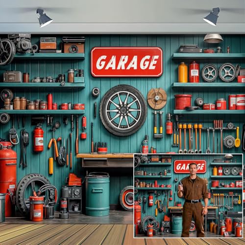 10 x 8 ft Garage Car Repair Backdrop Vintage Mechanic Tool Room Cabinet Background Automotive Parts Theme Kids Boys Birthday Party Decor Studio Photo Props