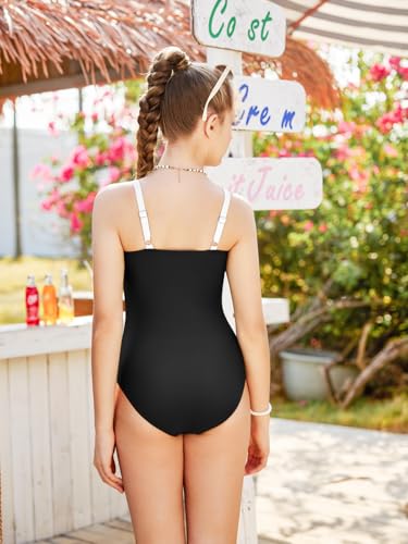 Image of DAXIANG Girls One Piece Swimsuit Modest Ruched Color Block Bathing Suit Tween Adjustable Straps Padded Swimwear Size 7-16