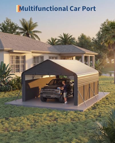 Image of GarveeLife 12x20x9 ft Metal Carport, Enclosed Car Ports | Removable 220 g Tarp / Gable End Doors and Sidewalls, for Full-Size Pickup Trucks, Bass Boats, and Tractors