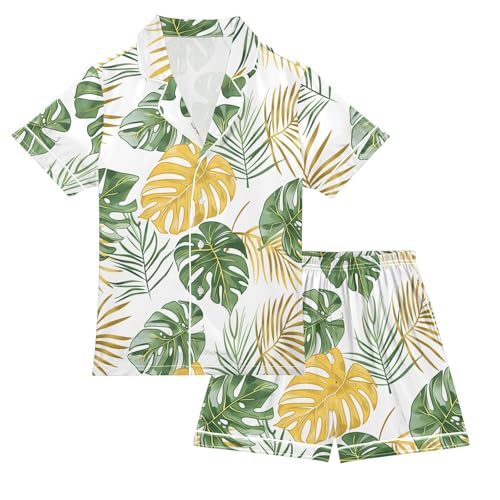 ALAZA Tropical Palm Leaf Tree White Satin Pajamas Set Short Sleeve Button Down Sleepwear Summer Pjs 2 Piece