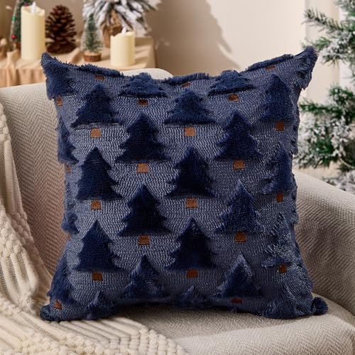 Image of Allorry Christmas Pillow Covers 18x18 inch Set of 2 Navy Blue Christmas Decorations Soft Plush Faux Fur Wool Christmas Tree Throw Pillow Cases Winter Holiday Decor for Sofa Living Room PT002H18
