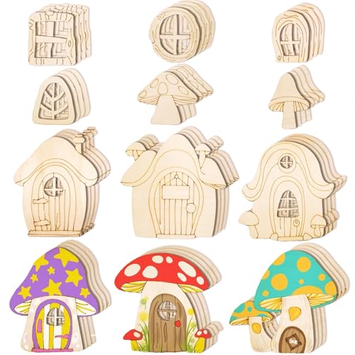 Halandar 48Pcs Wooden Fairy Door & Window Unpainted Miniature DIY Craft Kit
