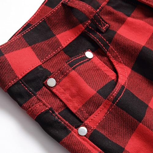 Men's Casual Printed Plaid Jeans Slim Fit Hiphop Skinny Denim Pants Straight Slim Moto Biker Jean3