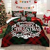 Bedbay Christmas Comforter Set Queen Size Bedding Set Xmas Bow Buffalo Checkered 4 Pieces Christmas Bedding Set 1 Comforter 2 Pillowcases 1 Cushion Cover(Red Green,Queen)