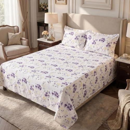 Image of Home Elegance from House of Mytrident | Linen Feel Bed Sheet for Double Bed King Size with Two Pillow Covers | Ultrasoft | Floral 274cm x 250cm | myTrident - Cedar Purple
