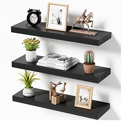 Fixwal Black Floating Shelves, Set Of 3 Wall Shelves, Large 24In X 6In Wall Mounted Shelf For Bedroom, Living Room, Bathroom And Plants #TOP13
