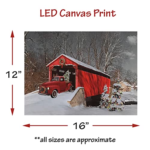Banberry Designs 2631 Lighted Red Truck Covered Bridge Canvas Print - Christmas Picture thumb #1