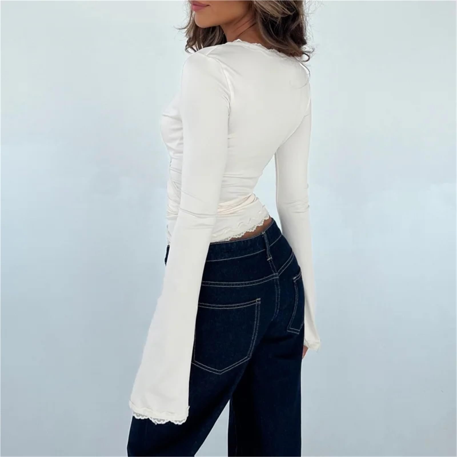 Wickeloberteil Damen Wickeltop mit gekreuzten Bändern for Ballett, Spitzenbesatz, langärmlig, V-Ausschnitt, Yoga-Wickelshirts, schmale Passform, Oberteile mit Bindeband vorne