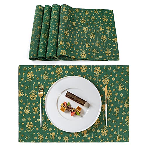 Dremisland Juego de 4 Manteles Individuales de Lino Algodón Lavables con Diseño Copo de Nieve de árbol, Manteles Individuales Resistentes Calor para Decoración Navideña de Mesa