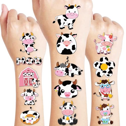 Image of 96 PCS Cow Pre-Cut Temporary Tattoos for Kids | | Cute Farm Animal Themed Birthday Party Favors, Supplies, Decorations, Fake Tattoo Stickers, Rewards & Gifts Boys & Girls