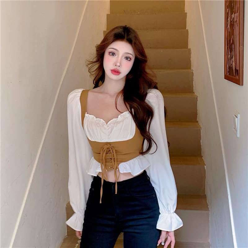 Image of ICW Women French Style Retro Vintage Lace-Up Layered Fake Two-Piece Puff Sleeve Ruffled Crop Blouse Corset Top Dn88