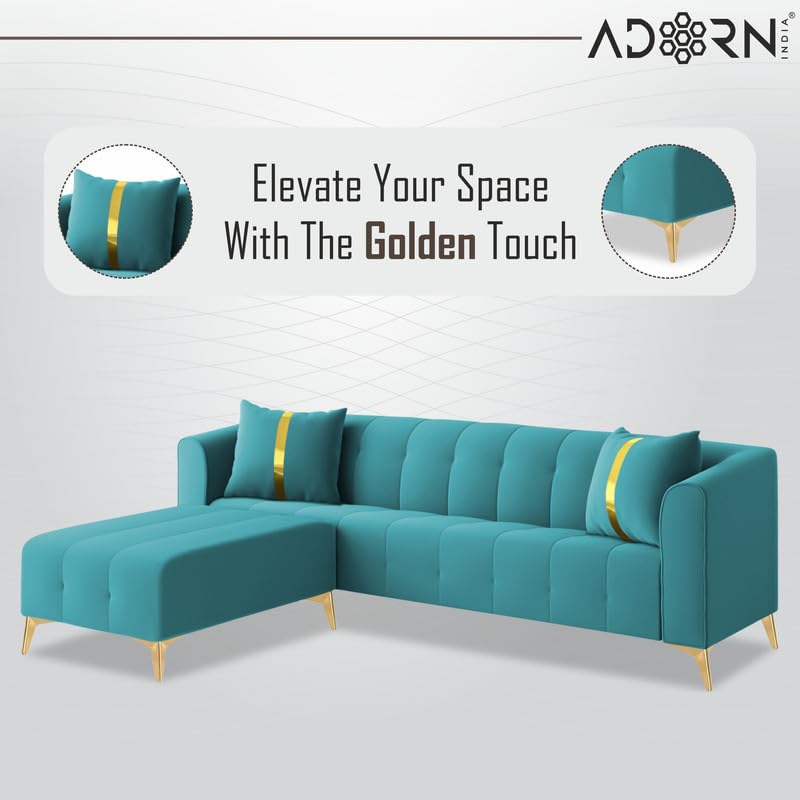 Image of Adorn India Premium Mystic - 3 Years Warranty - L Shape 5 Seater Sofa Set Velvet Suede Fabric - Aqua Blue