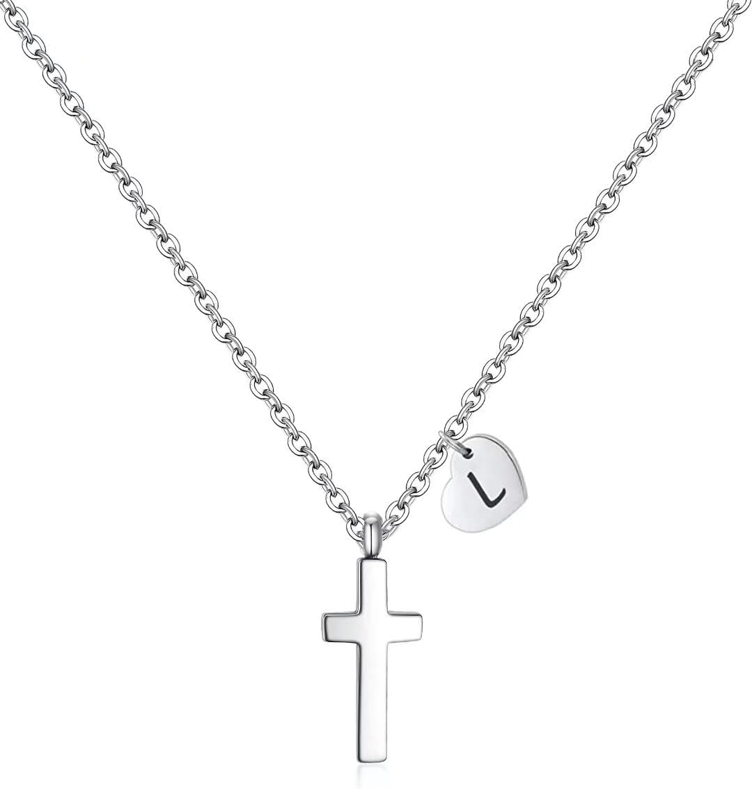 AILAAILAAILAAILA Tiny Cross Necklace for Girls | Heart Initial Necklace Women| Heart Birthstone Necklace | Letter Stainless Steel Pendant Jewelry First Communion Baptism Gifts Christmas Birthday Gifts