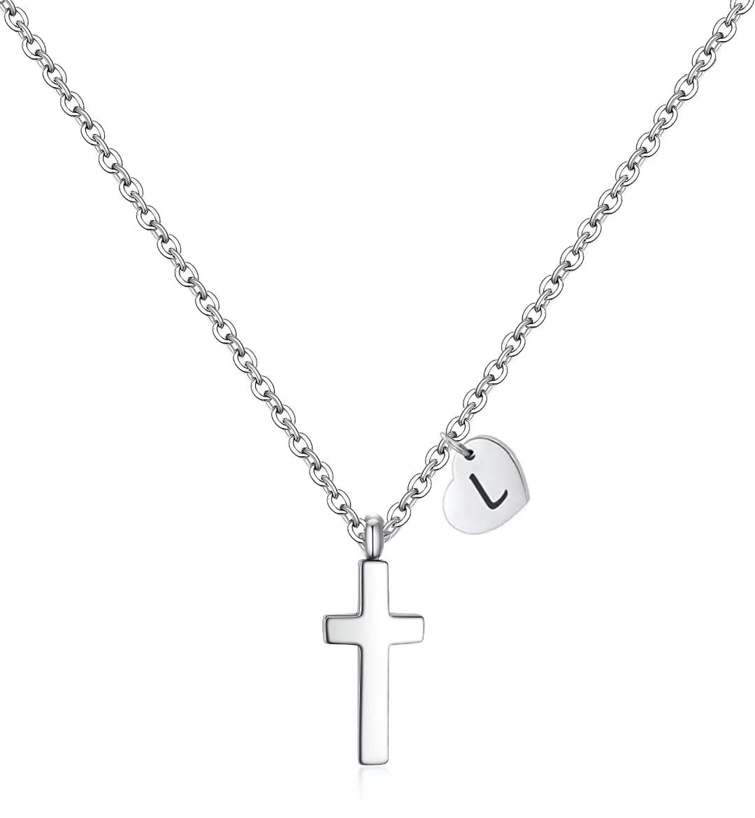 AILAAILAAILAAILA Tiny Cross Necklace for Girls | Heart Initial Necklace Women| Heart Birthstone Necklace | Letter Stainless Steel Pendant Jewelry First Communion Baptism Gifts Christmas Birthday Gifts