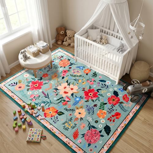 Terrug Floral Washable Area Rug for Bedroom, 4x6 Green Rug Boho Ultra-Thin Rugs for Entryway, Soft Non Slip Carpet Vintage Rug for Living Room, Entry, Kitchen, College Dorm, Dining Room, Nursery