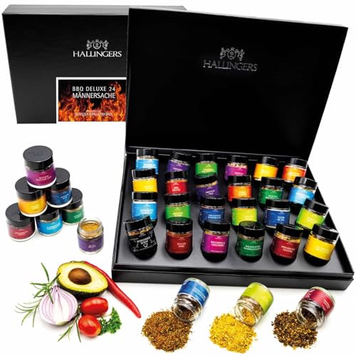 Hallingers BBQ Deluxe 24 Männersache - Gewürz Geschenkset handgemacht, 24 BBQ-Gewürze aus aller Welt (Set) - Geschenkideen Weihnachten & Geschenke Adventskalender | Neues Zuhause Glückwünsche Freundsc