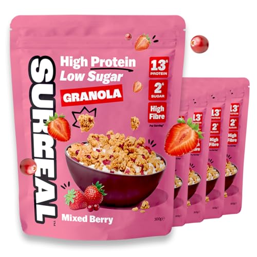 Surreal High Protein Low Sugar Granola - 13g Protein Vegan Snack or Breakfast Cereal - High Fibre Plant-Based Granola Clusters 300 g (5 Packs Mixed Berry)