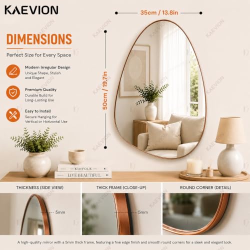 Image of 5mm Thick Irregular Wall Hanging Mirror - Asymmetric Teardrop Shaped Decorative Mirror with Sleek Rose Gold Bidding for Bedroom, Living Room, Vanity & Entryway