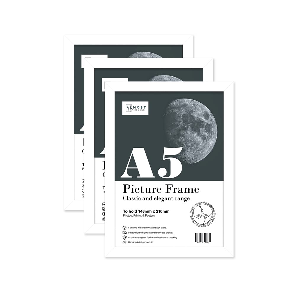 Almost Frameless A5 White Picture Frame Set of 3, Display A5 Picture Gallery Wall, Poster, Photo, Artwork, or Print, White