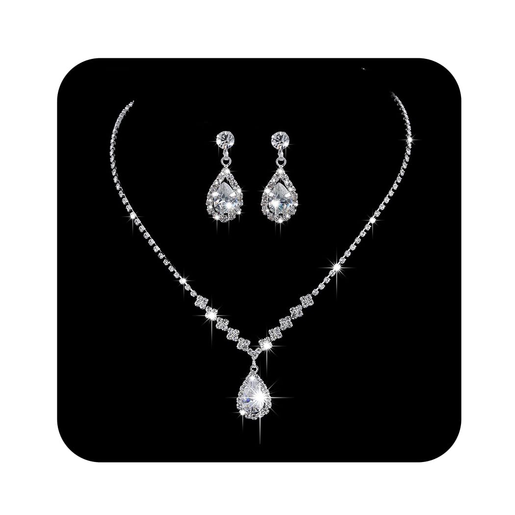 Ushiny Juego de joyas de boda para novia, juego de collares y aretes de diamantes de imitación de plata con cristales brillantes para mujeres y niñas, Gema Plata, Diamantes de imitación, perlas