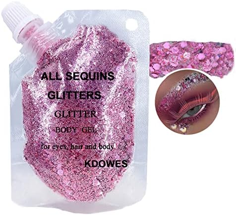 Body Glitter Gel 16 Color Sequins Glitter Gel Easy to Apply&Clean, Festival Glitter Christmas Makeup for Women Long Lasting Sparkling Suitable for Body, Face, Hair, Eyes Pink(Chunky Glitter)