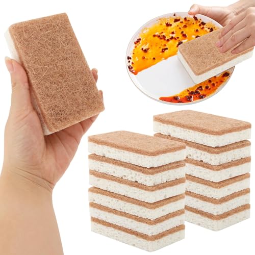 Image of 12pcs Natural Sponges for Dishes, Super Absorption Cleaning Sponges Kitchen Sponge, Non-Scratch Scouring Pads, Dual Sided Dish Sponge for Washing Pots Pans Sinks Stoves(Brown+White)