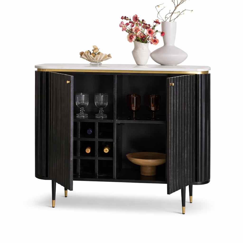 Suryavanshi Solid Wood Modern Bar Cabinet for Living Room | Black Fluted Finish with Golden Accents | Marble Top & Bottle Rack Storage | Pre-Assembled | 95×41×90 cm-image-35