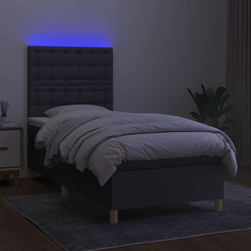Tkanina z regulowanym zagłówkiem LED 90x200 cm szary | Łóżko kontynentalne 90x200 z materacem sprężynowym, ciemnoszara tkanina, zagłówek regulowany, LED USB, nowoczesne do sypialni