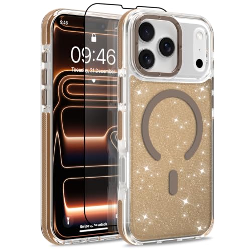 Image of Magnetic Case for iPhone 17 Pro [Compatible with Magsafe] [Bling Glitter Fluorescent Design] [1 Screen Protector] Slim Translucent Matte Case for iPhone 17 Pro 6.3 inch 2025, Desert
