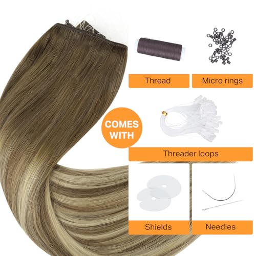Image of DOORES Beaded Weft Hair Extensions Virgin Human Hair, 14 Inch 80g Balayage Walnut Brown to Ash Brown and Bleach Blonde Real Hair Natural Straight