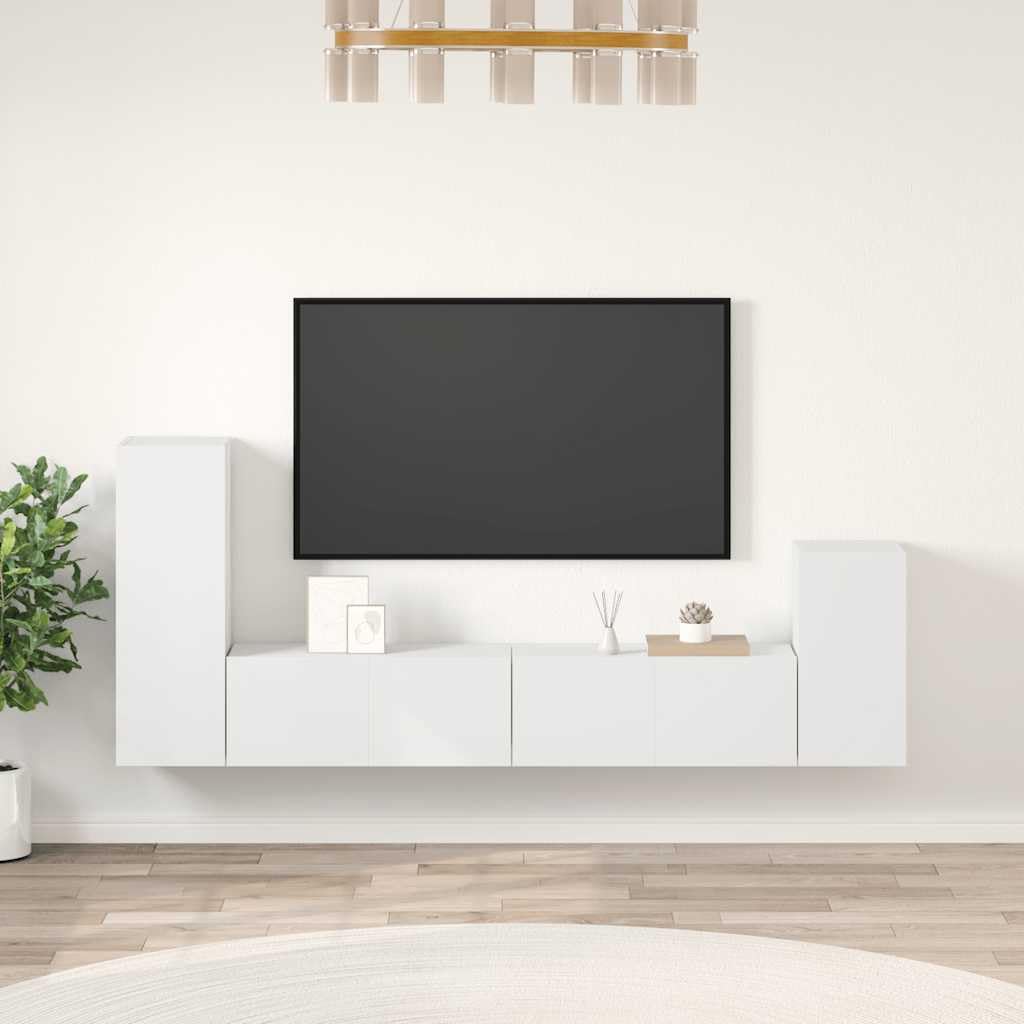4-TLG. TV-Schrank-Set Weiß Holzwerkstoff, Wandmontage, Modernes Media-Center für Wohnzimmer, Schlafzimmer, 30.5x30x90 cm