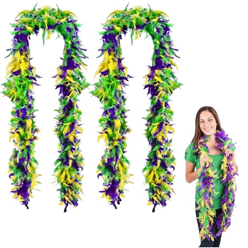 4E's Novelty 2 Pack Mardi Gras Feather Boa 6 Ft / 72 Inch Long - Lush Fluffy Feathers In Mardi Gras Colors, Great Accessory for Mardi Gras Outfits for Women & Men, Mardi Gras Costumes for Party