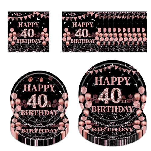 JGIIIJLP 40th Birthday Party Tableware Women - 96 Pcs Rose Gold Black Decorations Paper Plates and Napkins Party Tableware Set for Women Her 40 Years Old Happy Birthday Table Decoration Supplies