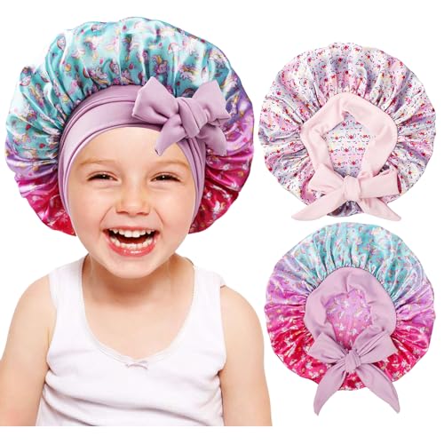 Image of 2 PCS Kids Bonnets for Girls,Silk Bonnet for Kid Sleeping,Toddler Bonnet for Curly Hair