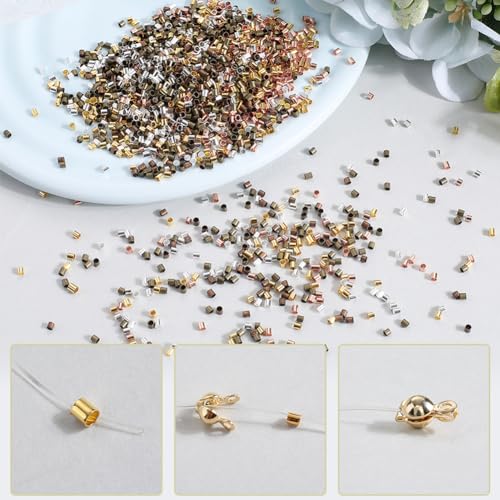 SOFPLATE 1 Box 3000Pcs 5 Colors 2mm Crimp Tubes Jewellery Crimp Beads Bulk Wire Cord End Caps Stopper Loose Bead Spacers 1.5mm Hole for Jewellery Making Necklace Bracelet Earrings Supplies DIY Crafts - Image 4