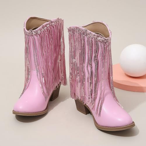Girls Mid Calf Boots Kids Boots Tassel Sequin Princess Boots Low Heel Fall Boots Lightweight Slip On Cowgirl boots4