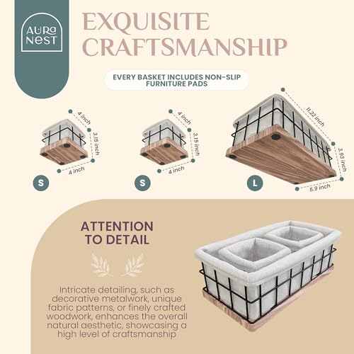 Metal-Baskets-for-Organizing-Set-of-3-Black-Metal-Basket-with-Liner-Wooden-Decorative-Baskets-for-Home-Decor-Bathroom-Decor-Kitchen-Decor-Wooden-Baskets-Wire-1-Large-2-Small Metal Baskets for Organizing Set of 3 Black Metal Basket with Liner Wooden Decorative Baskets for Home Decor Bathroom Decor Kitchen Decor Wooden Baskets Wire 1 Large 2 Small