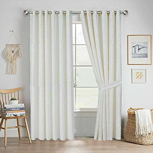 Quality Readymade Fully Lined Jacquard Curtain Ring Top Eyelet Curtain Pair With Tiebacks (White, 66 x 90 Inch)